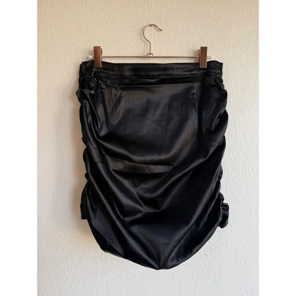 Maniere De Voir Black Satin Ruched Wrap Mini Skirt in Black & Silver size 6 UK10